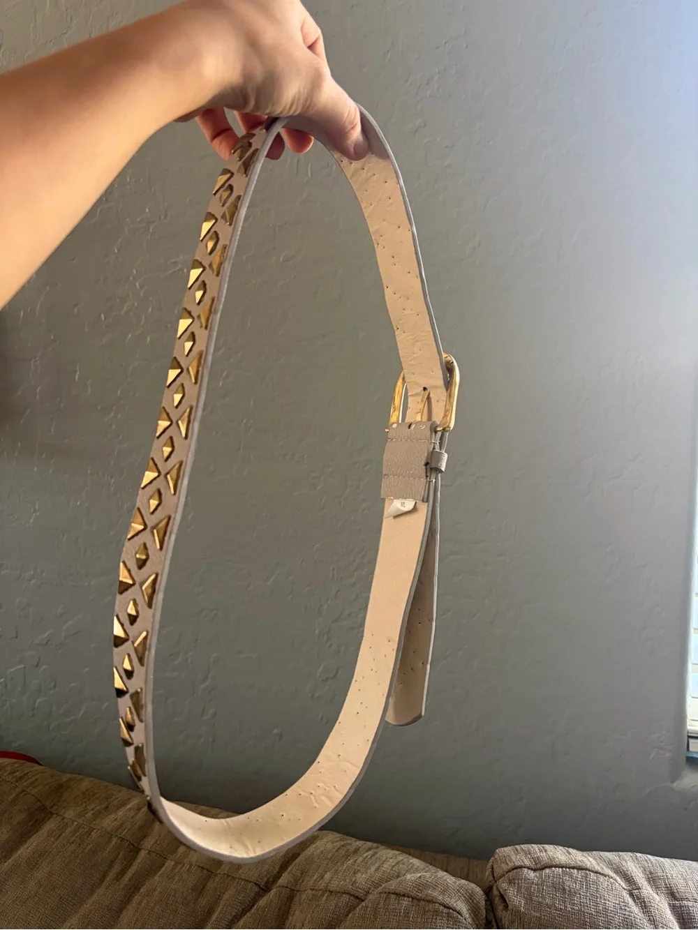 Taupe Studded Leather Belt with Gold Buckle